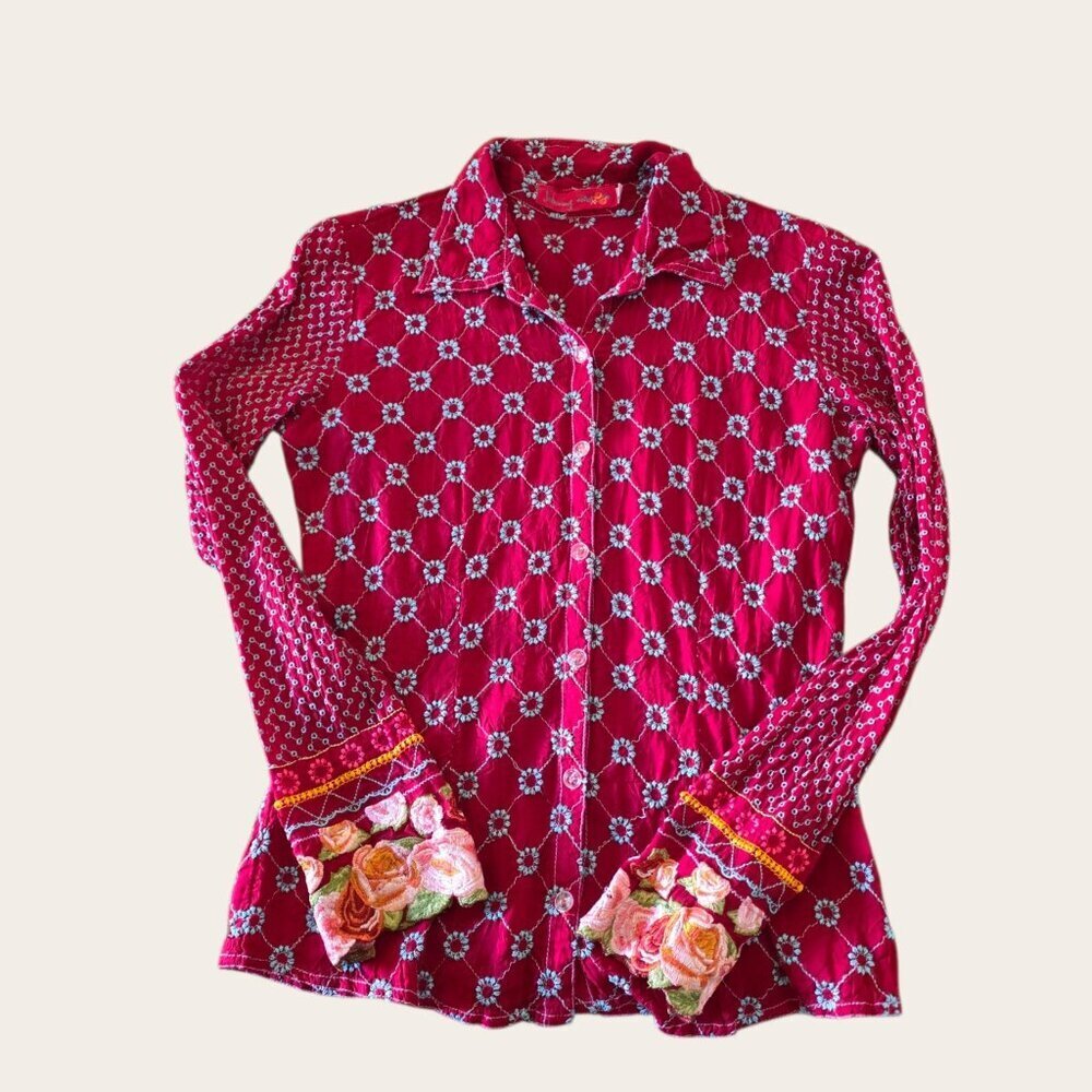 Johnny Was Vintage Embroidered Red Rayon Peasant Blouse Boho Floral Top Tunic XS - Picture 10 of 14
